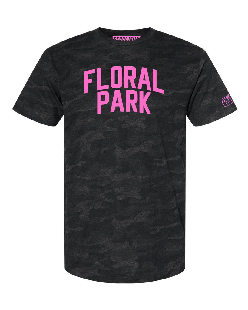 Black Camo Floral Park Queens T-shirt with Neon Pink Reflective Letters