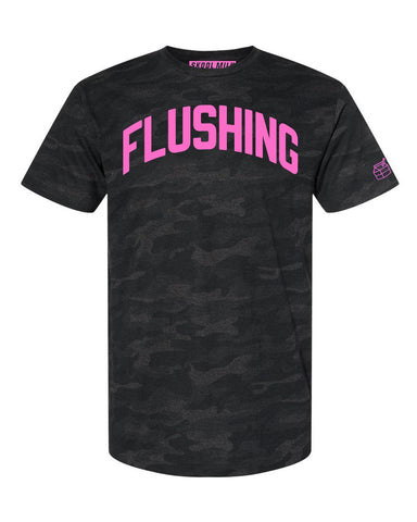 Black Camo Flushing Queens T-shirt with Neon Pink Reflective Letters