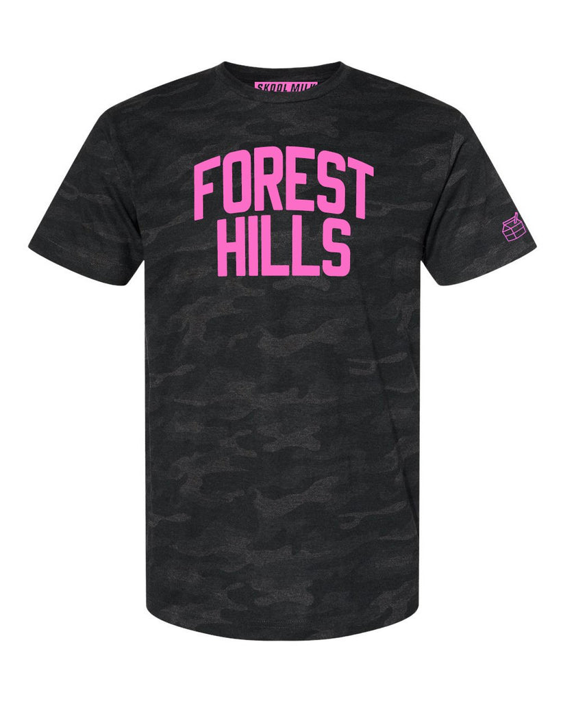 Black Camo Forest Hills Queens T-shirt with Neon Pink Reflective Letters