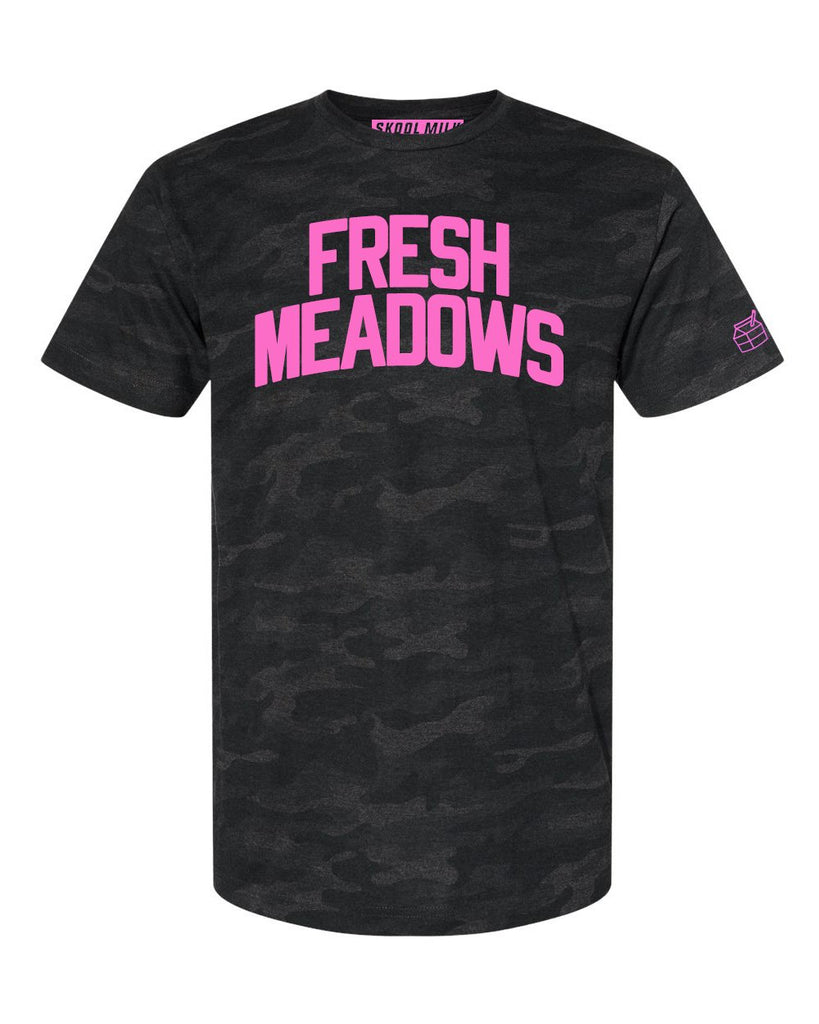 Black Camo Fesh Meadows Queens T-shirt with Neon Pink Reflective Letters