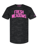 Black Camo Fesh Meadows Queens T-shirt with Neon Pink Reflective Letters