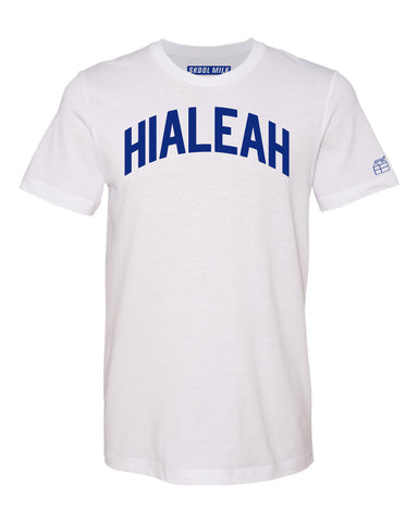 White Hialeah Miami T-shirt w/ Blue Reflective Letters