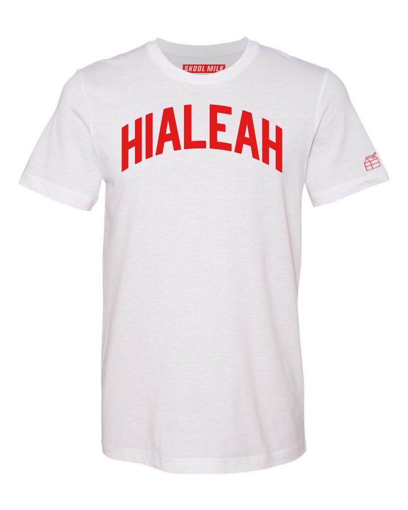 White Hialeah Miami T-shirt w/ Red Reflective Letters