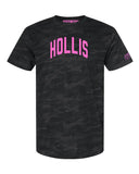 Black Camo Hollis Queens T-shirt with Neon Pink Reflective Letters