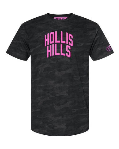 Black Camo Hollis Hills Queens T-shirt with Neon Pink Reflective Letters