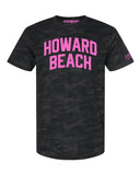 Black Camo Howard Beach Queens T-shirt with Neon Pink Reflective Letters