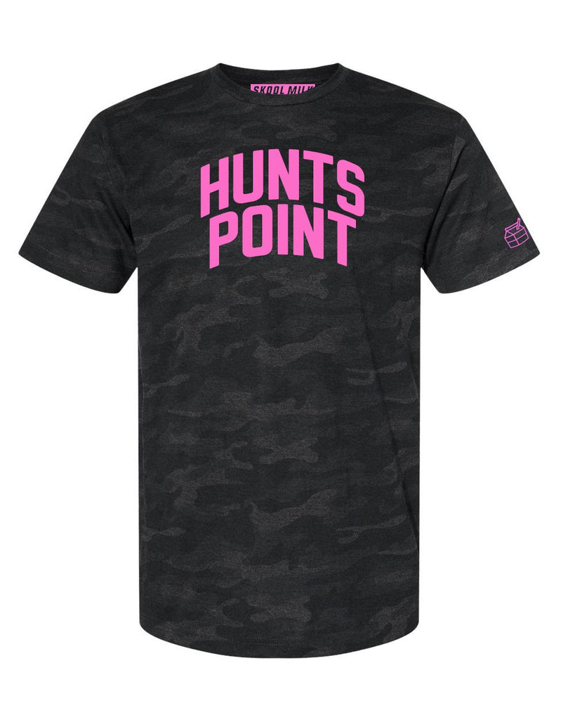 Black Camo Hunts Point Bronx T-shirt with Neon Pink Reflective Letters
