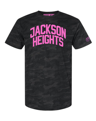 Black Camo Jackson Heights Queens T-shirt with Neon Pink Reflective Letters