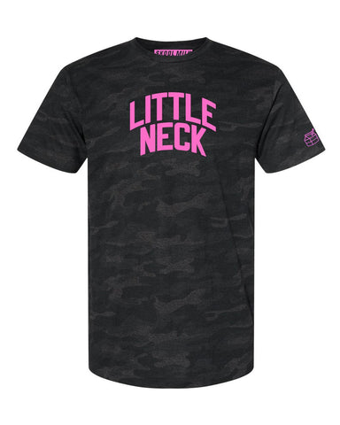 Black Camo Little Neck Queens T-shirt with Neon Pink Reflective Letters