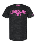 Black Camo Long Island City Queens T-shirt with Neon Pink Reflective Letters