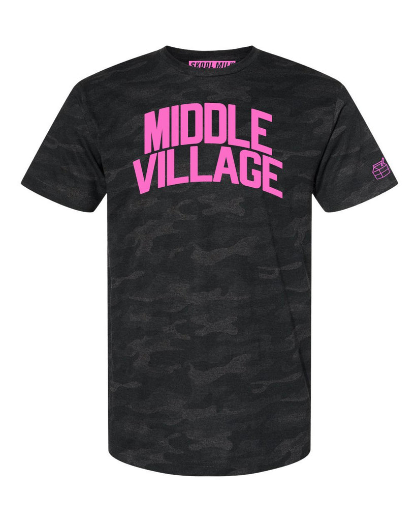 Black Camo Middle Village Queens T-shirt with Neon Pink Reflective Letters