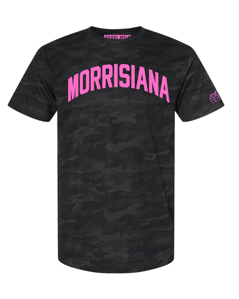 Black Camo Morrisiana Bronx T-shirt With Neon Pink Reflective Letters