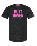 Black Camo Mott Haven Bronx T-shirt with Neon Pink Reflective Letters