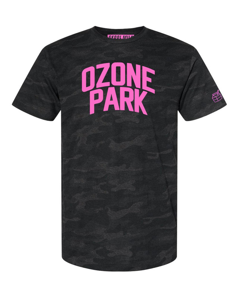 Black Camo Ozone Park Queens T-shirt with Neon Pink Reflective Letters