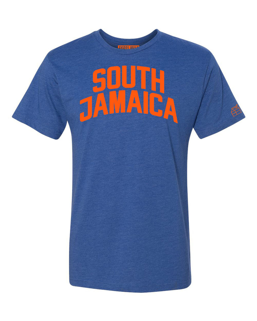 Blue South Jamaica T-shirt with Knicks Orange Letters