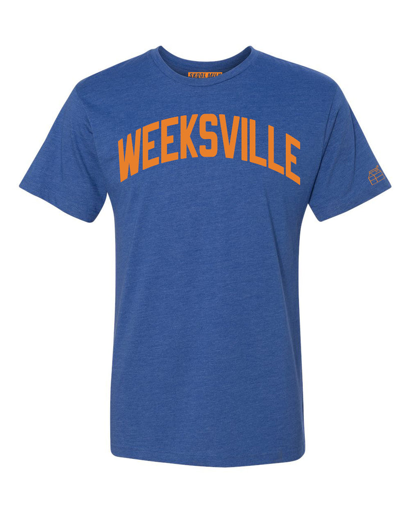 Blue Weeksville T-shirt with Knicks Orange Letters
