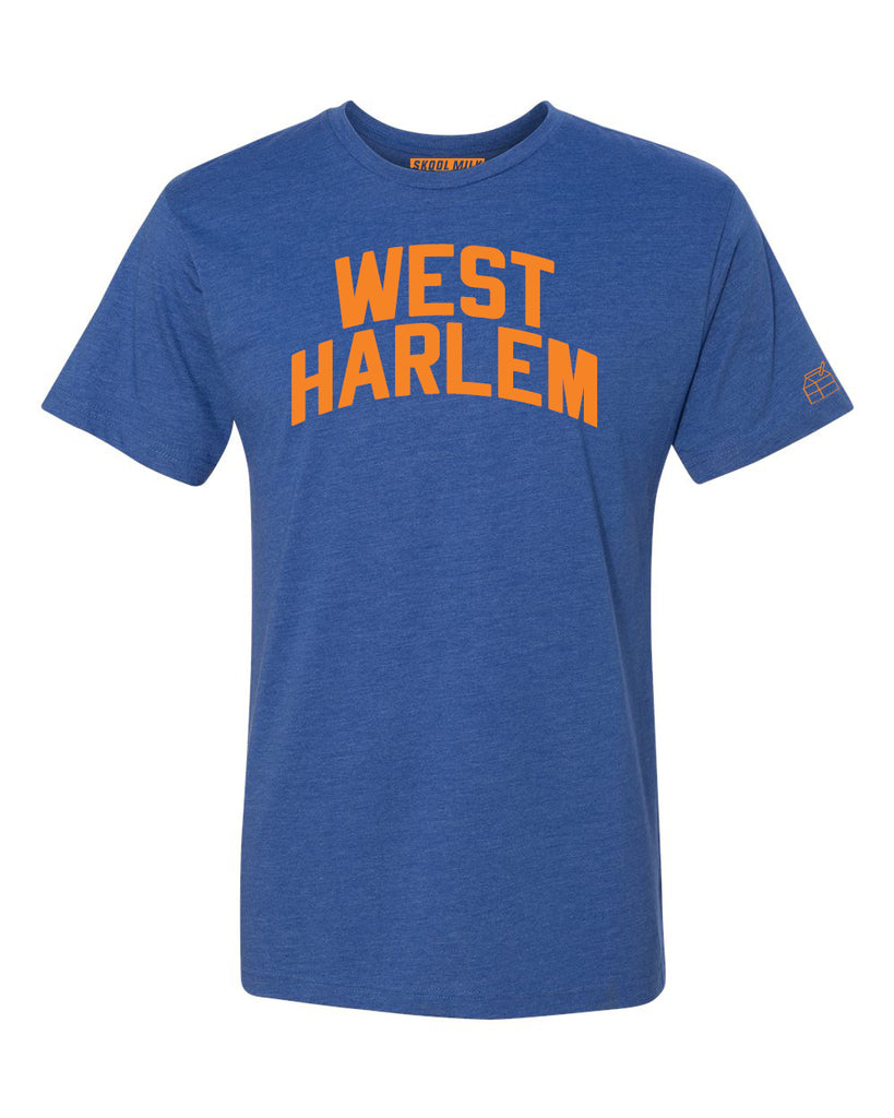 Blue West Harlem T-shirt with Knicks Orange Letters