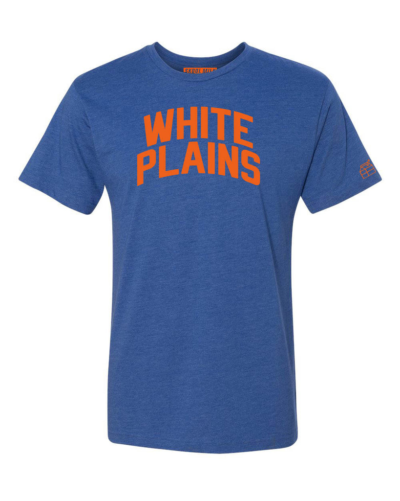 Blue White Plains T-shirt with Knicks Orange Letters