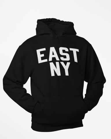Black East New York Hoodie with White Reflective Letters